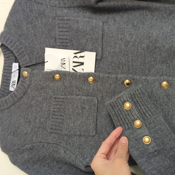 ZARA WOMAN GRAY KNIT POCKET MINI DRESS Gold buttons Long sleeves 3920/031 S NWT - Picture 12 of 13